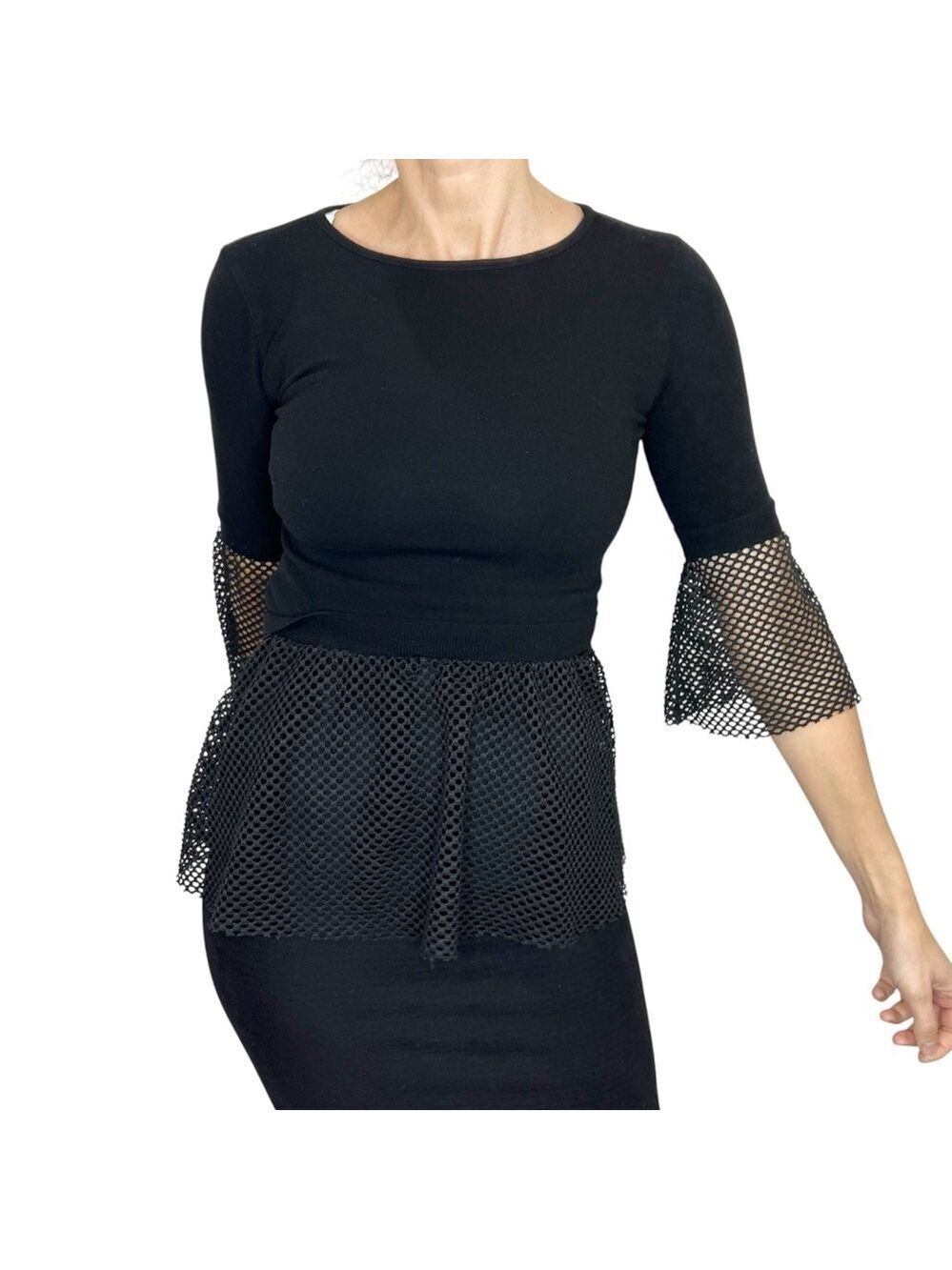 Toy G Italy black knit mesh peplum fitted 3/4 length sleeve top M